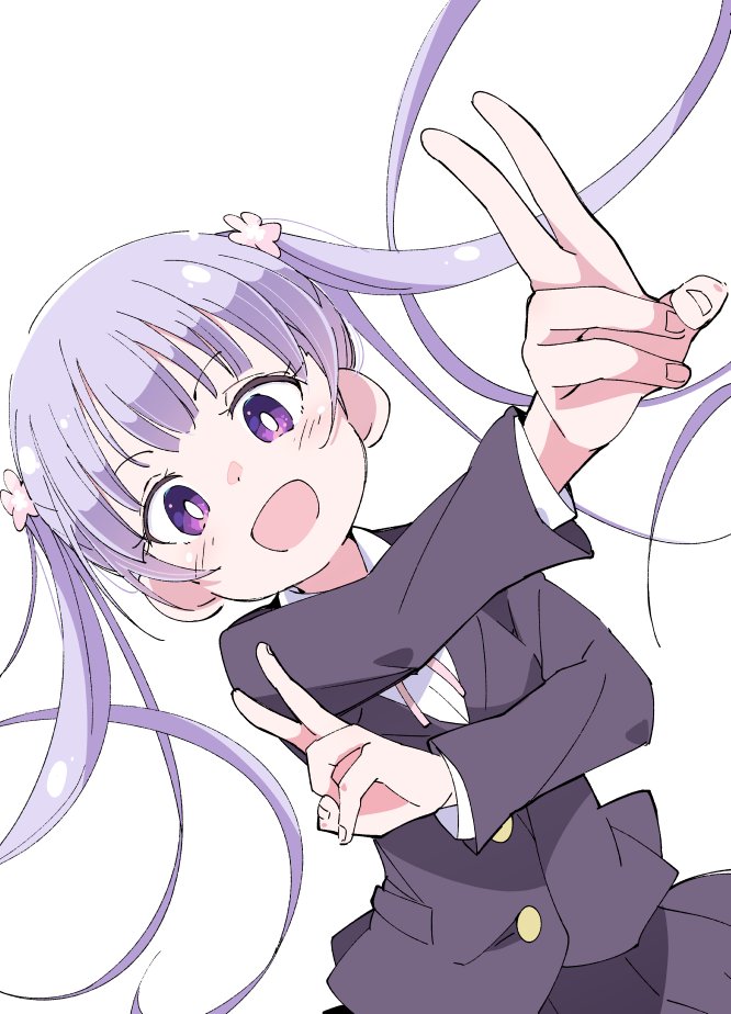 1girl bangs blunt_bangs flower formal hair_flower hair_ornament ixy long_hair new_game! open_mouth purple_hair suit suzukaze_aoba twintails twintails_day v violet_eyes