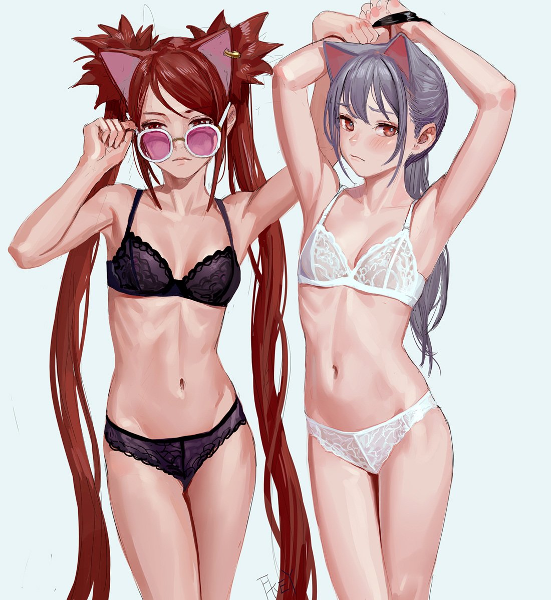 2girls adjusting_eyewear animal_ears bangs black_bra black_panties blush bound bound_wrists bra breasts cat_ears earrings feifei_(fkey) feiqizi_(fkey) fkey grey_hair groin holding_another's_arm jewelry lingerie long_hair looking_at_viewer multiple_girls navel original panties ponytail red_eyes redhead ribs sidelocks simple_background small_breasts standing stomach sunglasses thighs tinted_eyewear twintails underwear underwear_only very_long_hair white-framed_eyewear white_bra white_panties