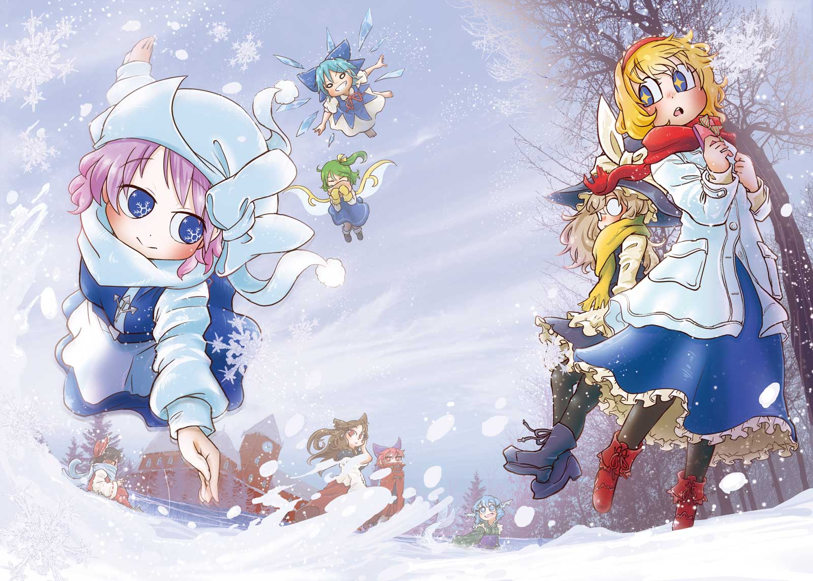 6+girls alice_margatroid animal_ears barefoot black_legwear blonde_hair blue_bow blue_dress blue_eyes blue_hair boots bow box brooch brown_hair cape chamaji cirno commentary_request daiyousei dress eyebrows_visible_through_hair fairy_wings flying frilled_kimono frills gift grass_root_youkai_network green_hair hair_bow hair_tubes hairband hakurei_reimu hat hat_bow head_fins high_collar highres holding holding_gift ice ice_wings imaizumi_kagerou japanese_clothes jewelry kimono kirisame_marisa letty_whiterock long_sleeves mermaid misty_lake mittens monster_girl multiple_girls pantyhose puffy_short_sleeves puffy_sleeves red_bow red_cape red_eyes red_ribbon redhead ribbon scarf scarlet_devil_mansion sekibanki short_hair short_sleeves side_ponytail sitting_on_ground smile snow snowflake_pupils snowflakes star star-shaped_pupils symbol-shaped_pupils touhou tree wakasagihime werewolf white_bow wings witch_hat wolf_ears yuki_onna