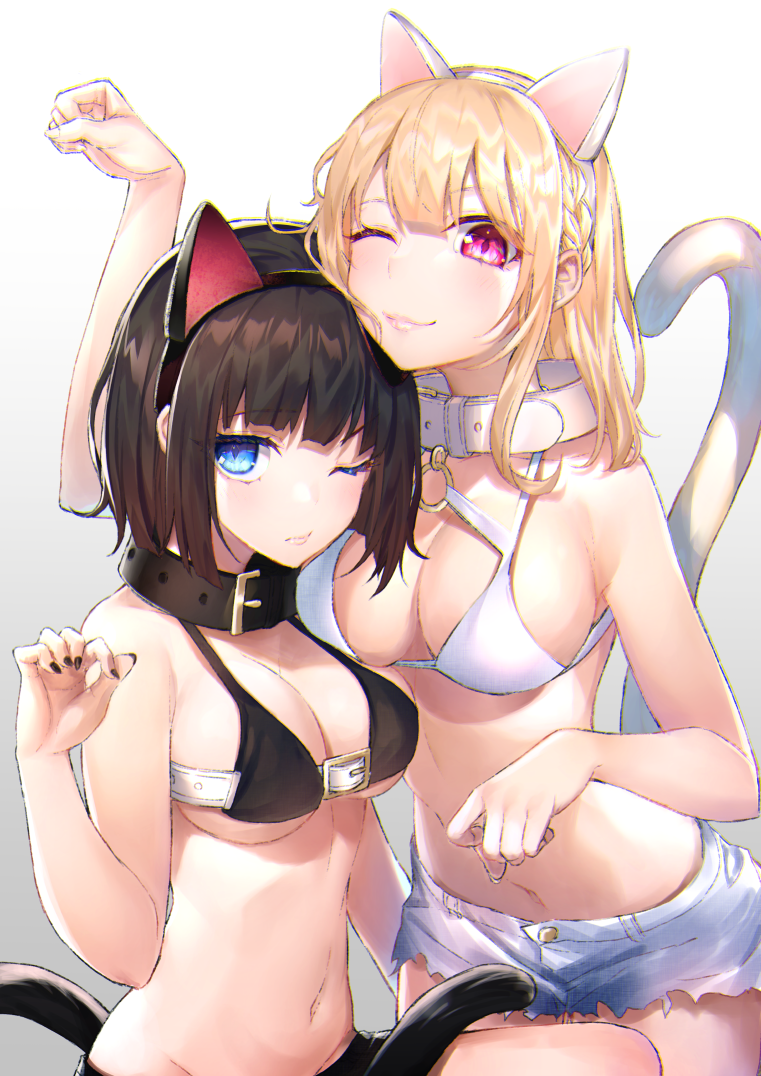 2girls ;) animal_ears bangs bare_arms bare_shoulders belt_collar bikini_top black_bikini_top black_collar black_nails blonde_hair blue_eyes blush breasts brown_hair cat_ears cat_girl cat_tail cleavage closed_mouth collar collarbone commentary eyebrows_visible_through_hair fingernails gradient gradient_background grey_background hair_between_eyes hakuishi_aoi long_hair medium_breasts miniskirt multiple_girls nail_polish navel one_eye_closed original paw_pose short_hair skirt smile tail tail_raised violet_eyes white_background white_bikini_top white_collar white_skirt