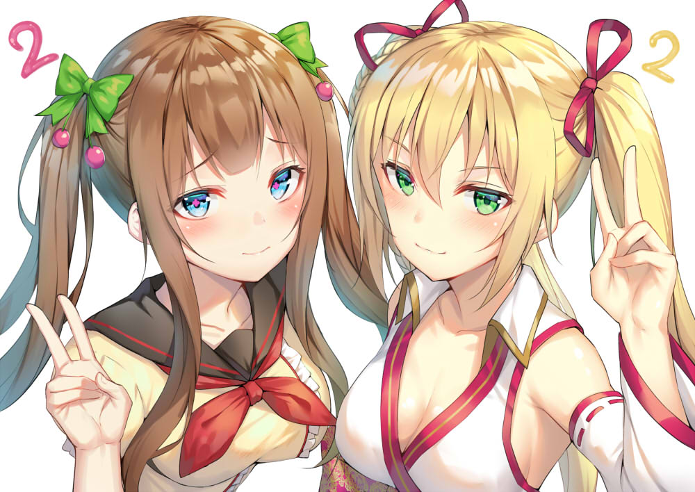 .live 2girls :3 alexmaster armpits bangs bare_shoulders black_sailor_collar blonde_hair blue_eyes blush breasts brown_hair cleavage closed_mouth collarbone commentary_request detached_sleeves frills green_eyes green_ribbon hair_between_eyes hair_ribbon hand_up japanese_clothes kakyouin_chieri kongou_iroha long_hair long_sleeves looking_at_viewer medium_breasts multiple_girls neckerchief red_neckwear red_ribbon ribbon sailor_collar sanpaku shirt side-by-side sidelocks simple_background smile twintails twintails_day upper_body v virtual_youtuber white_background wide_sleeves wing_collar yellow_shirt