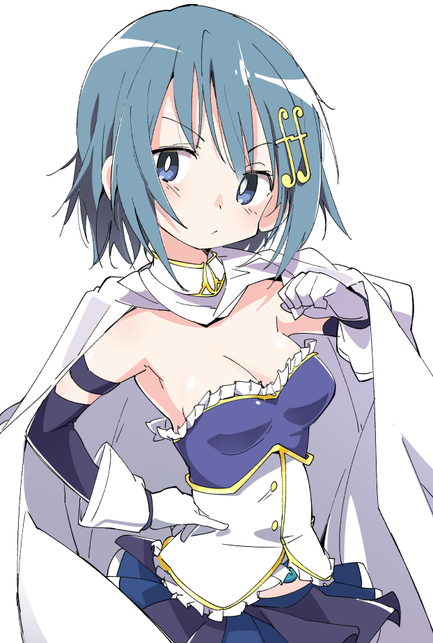 1girl blue_eyes blue_hair blue_skirt breasts cape cleavage eyebrows_visible_through_hair fortissimo fortissimo_hair_ornament frilled_shirt frills gloves hair_ornament hand_on_hip ixy looking_to_the_side magical_girl mahou_shoujo_madoka_magica medium_breasts miki_sayaka musical_note_hair_ornament pleated_skirt shirt short_hair simple_background skirt solo soul_gem white_background white_cape white_gloves