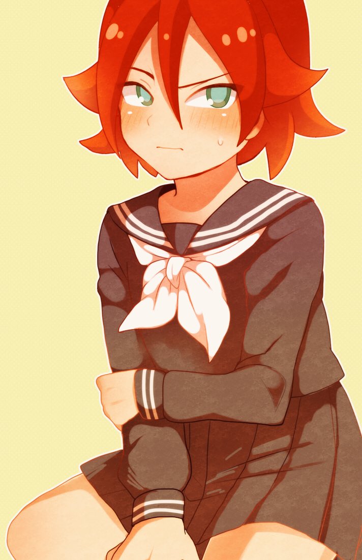 1boy black_serafuku black_skirt blush crossdressinging green_eyes hair_between_eyes hykchiba inazuma_eleven inazuma_eleven_(series) kiyama_tatsuya looking_at_viewer neckerchief otoko_no_ko pleated_skirt redhead sailor_collar school_uniform serafuku simple_background skirt solo sweatdrop yellow_background