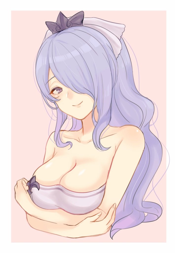 1girl akina_(akn_646) breasts camilla_(fire_emblem_if) cleavage closed_mouth crossed_arms fire_emblem fire_emblem_heroes fire_emblem_if hair_ornament hair_over_one_eye large_breasts long_hair nintendo pink_background purple_hair simple_background smile solo upper_body violet_eyes