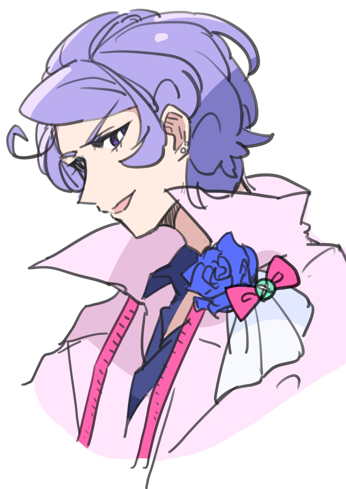 1boy blue_flower blue_rose bow bright_pupils buntatta cropped_torso curly_hair earrings flower highres jewelry lavender_hair male_focus original pink_shirt popped_collar rose shirt simple_background solo stud_earrings tape_measure tsukurotte_piature violet_eyes white_background