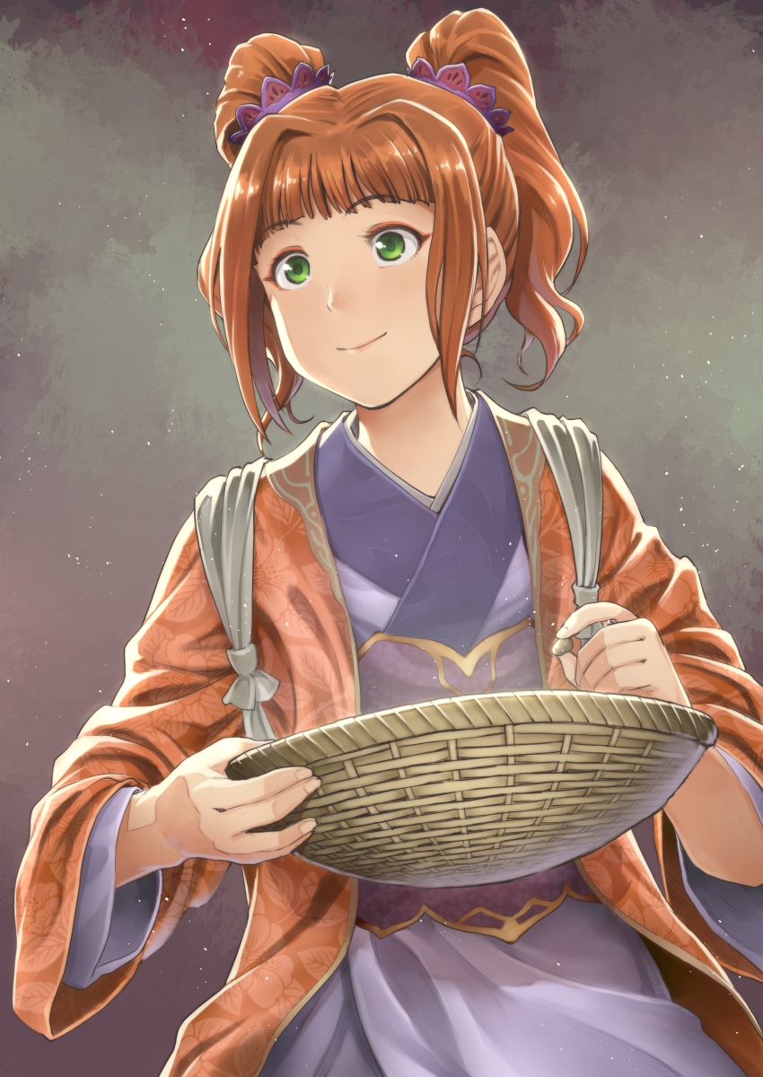 1girl basket blue_kimono brown_hair chiaki_rakutarou green_eyes hair_ornament haori highres holding idolmaster idolmaster_(classic) japanese_clothes kimono outdoors short_hair sky smile solo standing star_(sky) starry_sky takatsuki_yayoi twintails upper_body