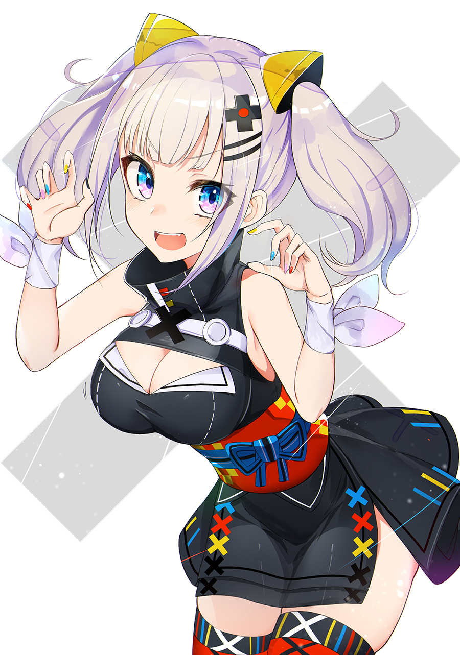 1girl :d bangs bare_shoulders black_legwear black_shirt black_skirt blue_eyes blue_nails breasts claw_pose cleavage cowboy_shot d-pad d-pad_hair_ornament fang hair_ornament hairclip hands_up highres kaguya_luna kaguya_luna_(character) leaning_forward long_hair looking_at_viewer luse_maonang medium_breasts miniskirt motion_lines multicolored multicolored_nails nail_polish obi open_mouth pink_nails red_nails revision ribbon sanpaku sash shirt sidelocks silver_hair skirt sleeveless sleeveless_shirt smile solo standing taut_clothes taut_shirt thigh-highs turtleneck v-shaped_eyebrows virtual_youtuber white_ribbon wrist_ribbon yellow_nails zettai_ryouiki