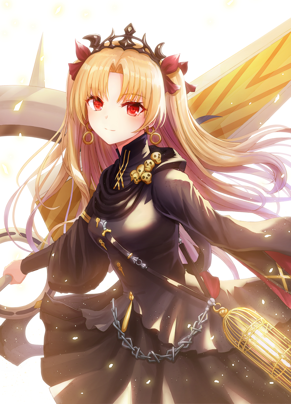 1girl bangs birdcage black_dress blonde_hair bow breasts cage closed_mouth commentary_request dress earrings ereshkigal_(fate/grand_order) eyebrows_visible_through_hair fate/grand_order fate_(series) hair_bow highres infinity jewelry long_hair long_sleeves medium_breasts parted_bangs red_bow red_eyes revision seungju_lee simple_background skull smile solo tiara two_side_up very_long_hair white_background