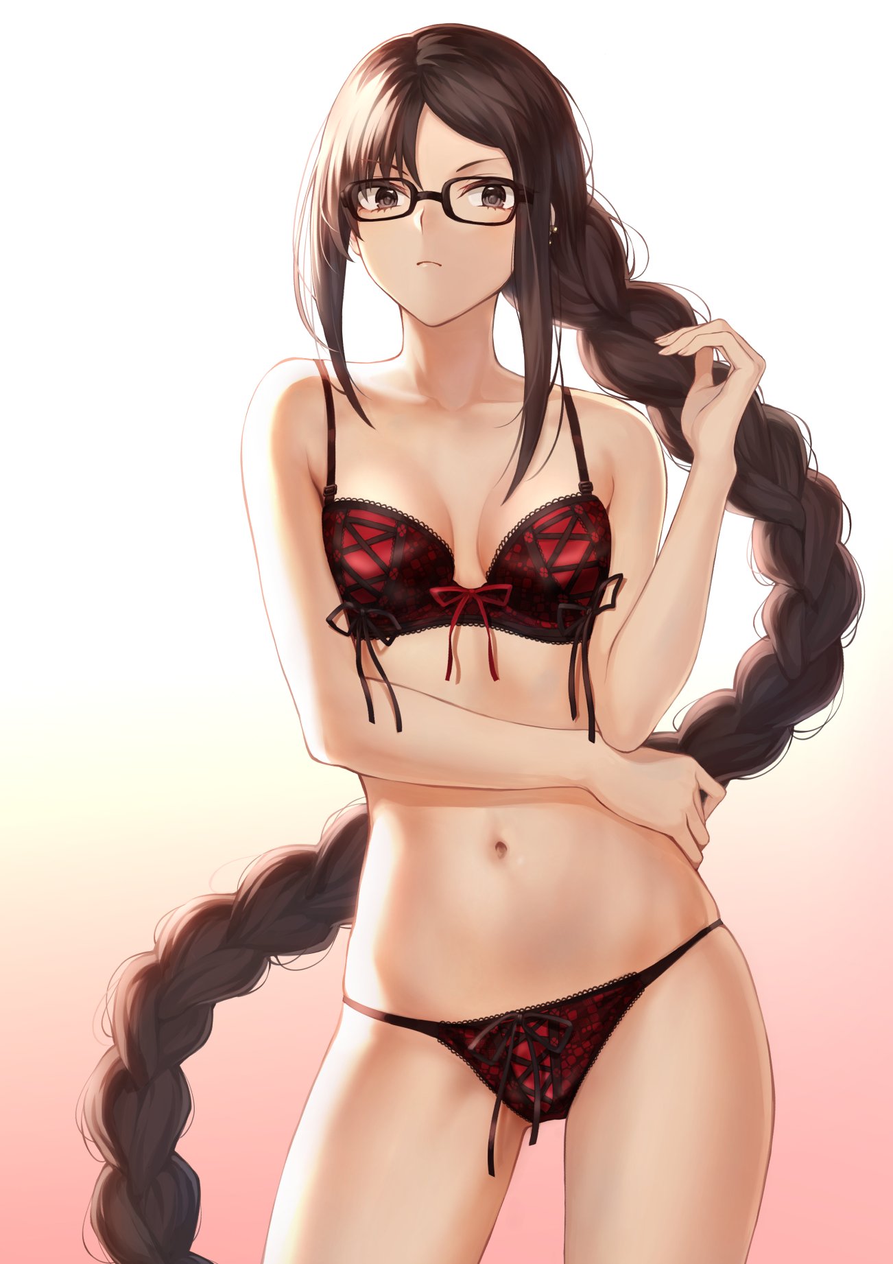 1girl arm_under_breasts bangs bare_shoulders black-framed_eyewear bra breasts brown_eyes brown_hair cleavage closed_mouth collarbone consort_yu_(fate) fate/grand_order fate_(series) glasses gradient gradient_background hand_up highres hips long_braid long_hair looking_at_viewer mashu_003 medium_breasts navel panties red_bra red_panties sidelocks solo thighs underwear very_long_hair