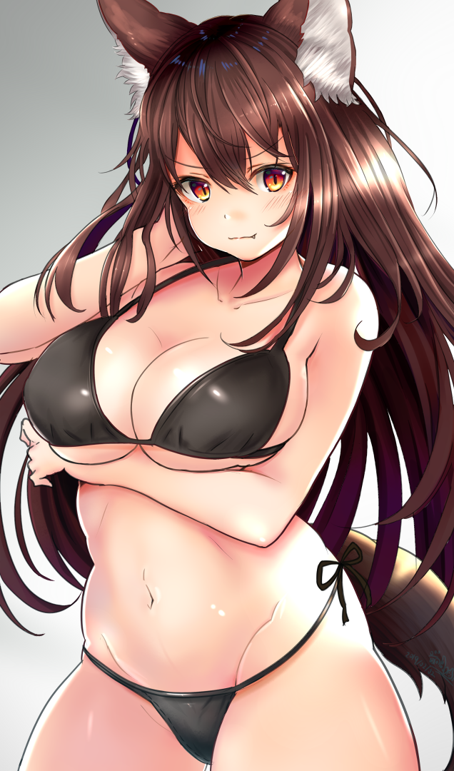 1girl animal_ear_fluff animal_ears bangs bare_arms bare_shoulders bikini black_bikini breast_hold breasts brown_hair collarbone commentary_request cowboy_shot eyebrows_visible_through_hair fang_out gradient gradient_background grey_background groin hair_between_eyes hand_in_hair hand_up houdukixx imaizumi_kagerou large_breasts long_hair looking_at_viewer navel red_eyes side-tie_bikini smile solo standing stomach swimsuit tail thighs touhou very_long_hair white_background wolf_ears wolf_tail