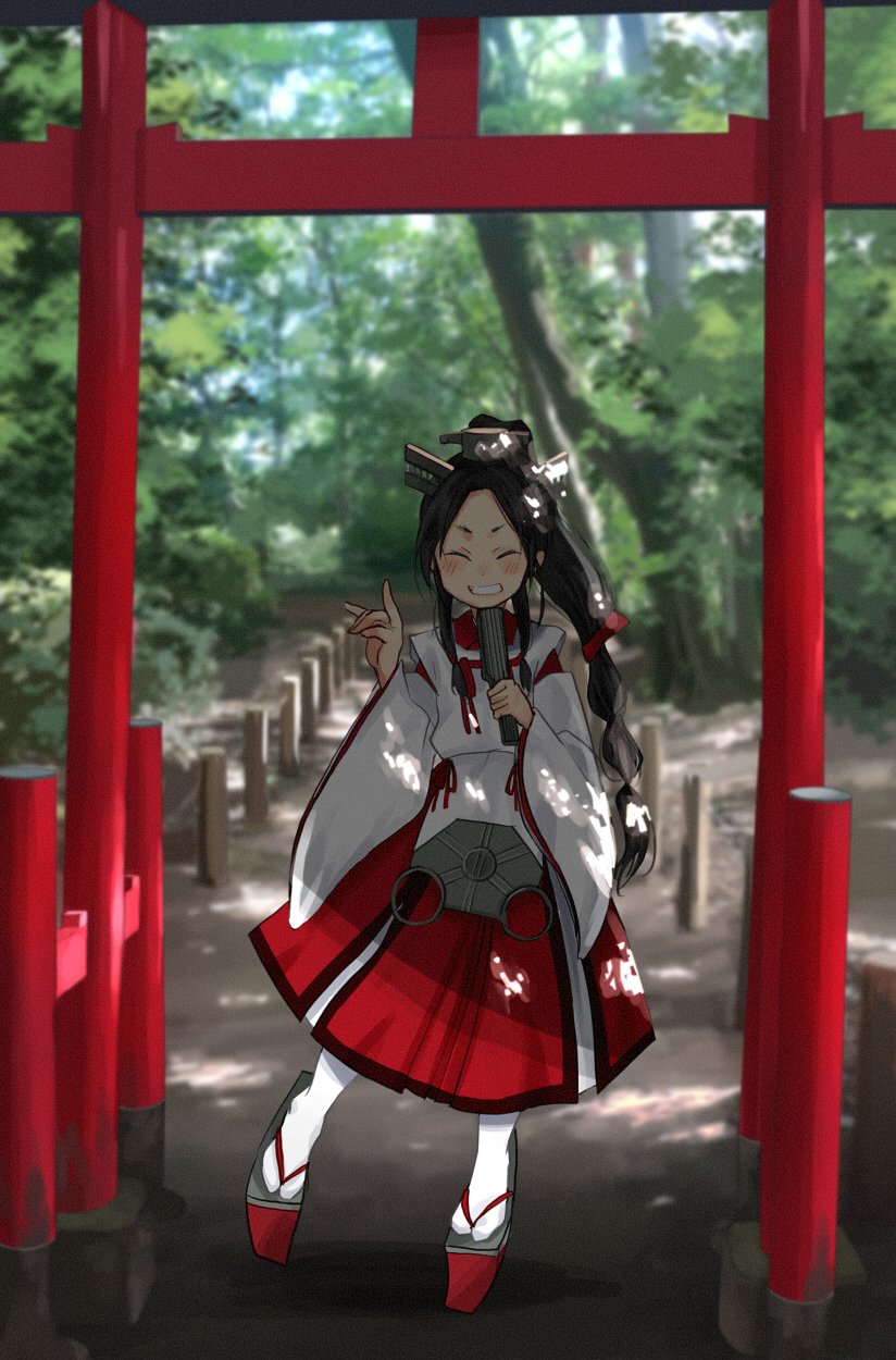 1girl annin_musou black_hair closed_eyes commentary_request dappled_sunlight forest full_body grin hair_tie hakama headgear high_ponytail highres japanese_clothes kantai_collection kariginu long_hair long_sleeves miko multi-tied_hair nature nisshin_(kantai_collection) okobo red_hakama red_ribbon ribbon ribbon-trimmed_sleeves ribbon_trim rudder_footwear sandals short_eyebrows smile solo sunlight thick_eyebrows torii very_long_hair wide_sleeves