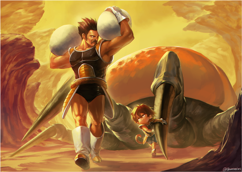 2boys armor armpits black_hair boots broly_(dragon_ball_super) carrying carrying_over_shoulder child claws dragging dragon_ball dragon_ball_super facial_hair full_body gloves gunsorini2 looking_at_another monster mountain multiple_boys mustache paragus pauldrons scar shell short_hair signature smile spiky_hair tail walking white_footwear white_gloves