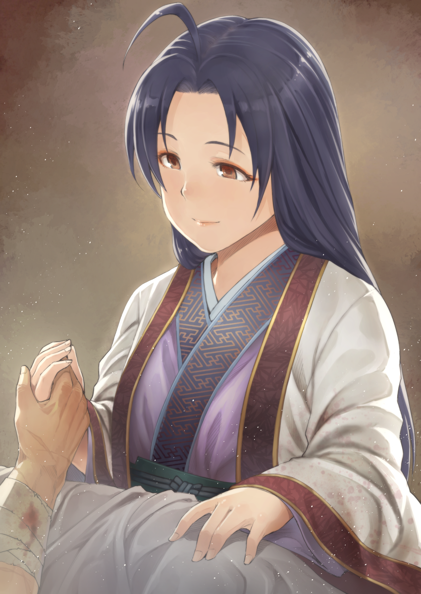 1girl ahoge bandage blue_hair brown_eyes chiaki_rakutarou floral_print hakama hand_holding haori highres idolmaster idolmaster_(classic) japanese_clothes long_hair miura_azusa purple_hakama smile very_long_hair