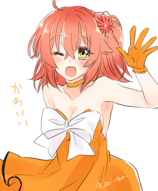 1girl ;d blush breasts choker cleavage collarbone dress eyebrows_visible_through_hair fate/grand_order fate_(series) fujimaru_ritsuka_(female) gloves hair_between_eyes layered_dress long_hair medium_breasts one_eye_closed open_mouth orange_dress orange_gloves redhead shino-o side_ponytail sketch sleeveless sleeveless_dress smile solo strapless strapless_dress upper_body white_background yellow_eyes