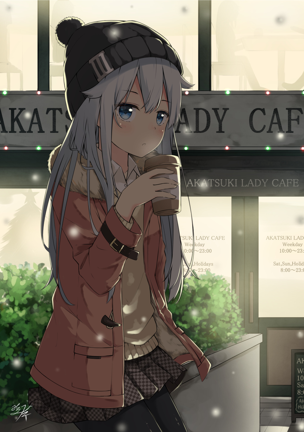1girl alternate_costume black_hat black_legwear blue_eyes blush brown_skirt bush checkered checkered_skirt coat collared_shirt commentary_request cup english_text fur fur_trim hair_between_eyes hat hibiki_(kantai_collection) highres holding holding_cup kantai_collection long_hair long_sleeves miko_fly parted_lips pink_coat pleated_skirt pocket shirt signature silver_hair sitting skirt snow solo thigh-highs white_shirt