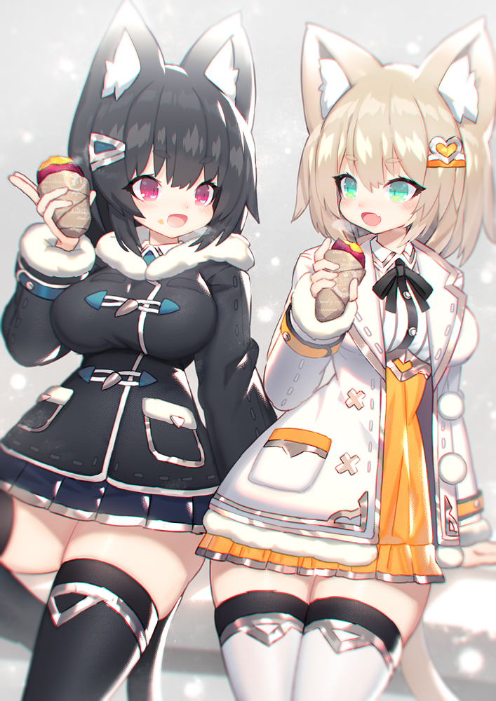 2girls :d animal_ear_fluff animal_ears black_coat black_hair blonde_hair blush breasts cat_ears coat commentary_request dress eye_contact eyebrows_visible_through_hair fang food food_on_face fur_trim green_eyes hair_ornament hairclip heart heart_hair_ornament holding holding_food large_breasts looking_at_another looking_to_the_side mamuru miniskirt multiple_girls open_clothes open_coat open_mouth orange_dress original red_eyes short_dress short_hair skirt smile snow steam sweet_potato thick_thighs thigh-highs thighs white_coat winter_clothes winter_coat yakiimo zettai_ryouiki