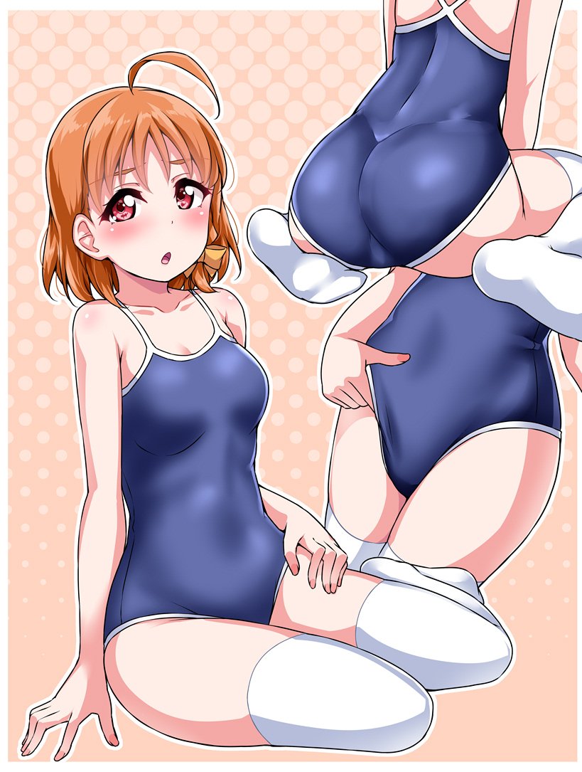 1girl adjusting_clothes adjusting_swimsuit ahoge ass bangs blue_swimsuit blush bow braid breasts collarbone commentary_request competition_school_swimsuit covered_navel hair_bow hand_on_own_leg hand_under_clothes hand_under_swimsuit looking_at_viewer love_live! love_live!_sunshine!! multiple_views no_shoes one-piece_swimsuit orange_bow orange_hair red_eyes school_swimsuit short_hair side_braid sitting small_breasts swimsuit takami_chika thigh-highs wariza white_legwear yokozuwari yopparai_oni