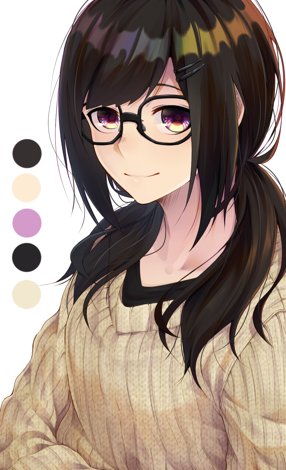 1girl bangs black_hair color_guide eyebrows_behind_hair glasses hair_ornament hair_over_shoulder hairclip highres layered_clothing long_hair long_sleeves looking_at_viewer low_twintails original ribbed_sweater shunga_(shun608) simple_background smile solo sweater swept_bangs twintails upper_body violet_eyes white_background