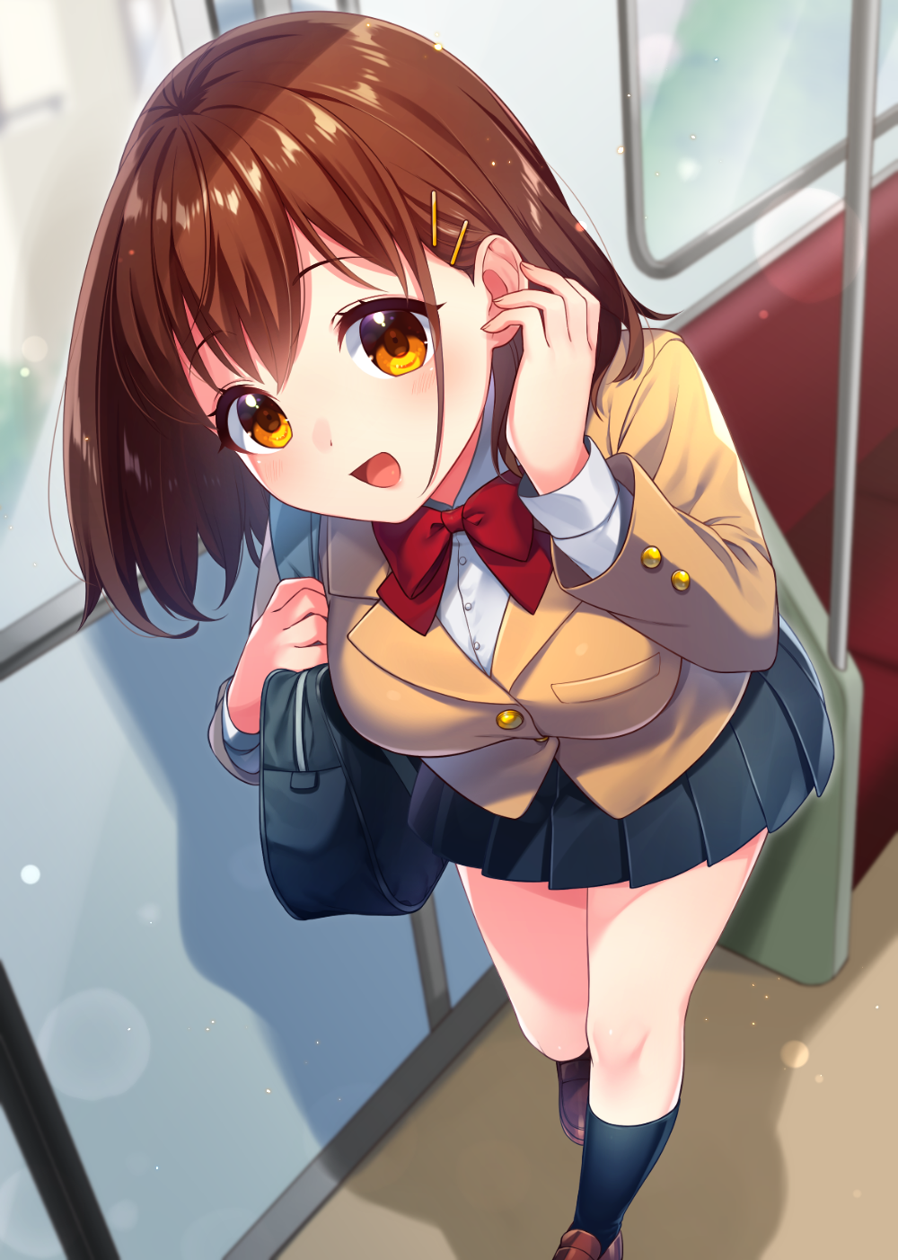 1girl adjusting_hair bag bangs black_legwear blazer blue_skirt blush breasts brown_eyes brown_hair buttons commentary_request eyebrows_visible_through_hair hair_between_eyes hair_ornament hairclip highres holding jacket kneehighs large_breasts long_hair long_sleeves looking_at_viewer moe2019 open_mouth original pleated_skirt red_neckwear sakura_chiyo_(konachi000) school_bag school_uniform shirt shoulder_bag skirt smile solo standing train_interior uniform white_shirt