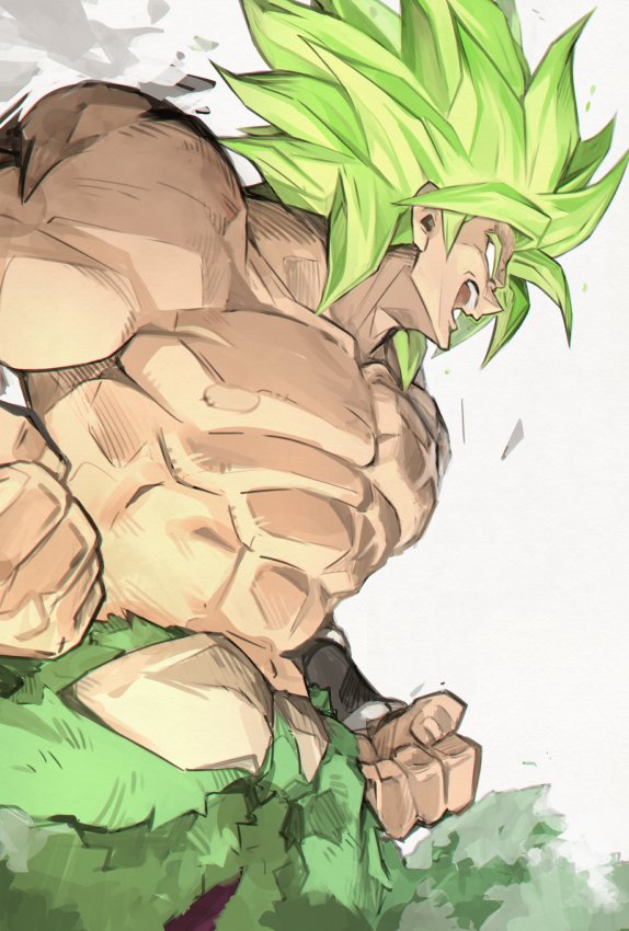 2boys abs broly_(dragon_ball_super) clenched_hand dragon_ball dragon_ball_super_broly evil_smile fingernails frown green_hair male_focus multiple_boys muscle no_pupils profile shirtless smile spiky_hair super_saiyan yunar