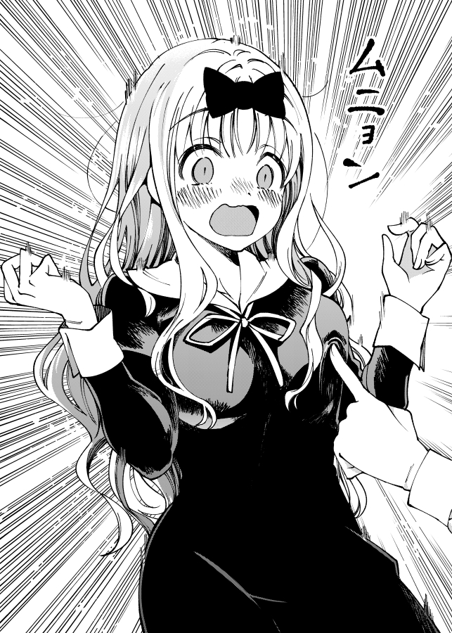 1girl blush bow breast_poke breasts emphasis_lines fujiwara_chika greyscale hair_bow kaguya-sama_wa_kokurasetai_~tensai-tachi_no_renai_zunousen~ large_breasts long_hair monochrome open_mouth poking sakayama_shinta school_uniform