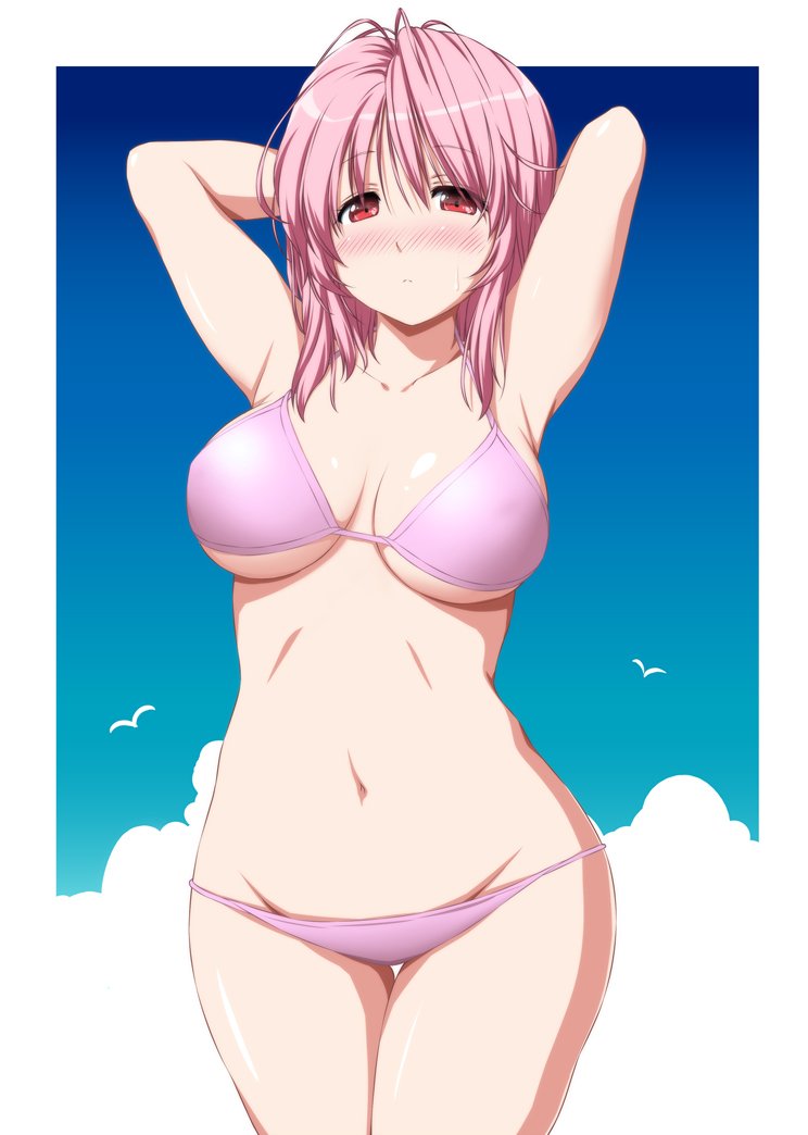 1girl armpits arms_behind_head arms_up bangs bare_arms bare_shoulders bikini bird blue_sky blush border breasts clouds collarbone commentary_request cowboy_shot day eyebrows_visible_through_hair groin hair_between_eyes large_breasts looking_at_viewer navel no_hat no_headwear nori_tamago nose_blush outdoors outside_border pink_bikini pink_hair red_eyes saigyouji_yuyuko short_hair sky solo standing stomach swimsuit thighs touhou white_border