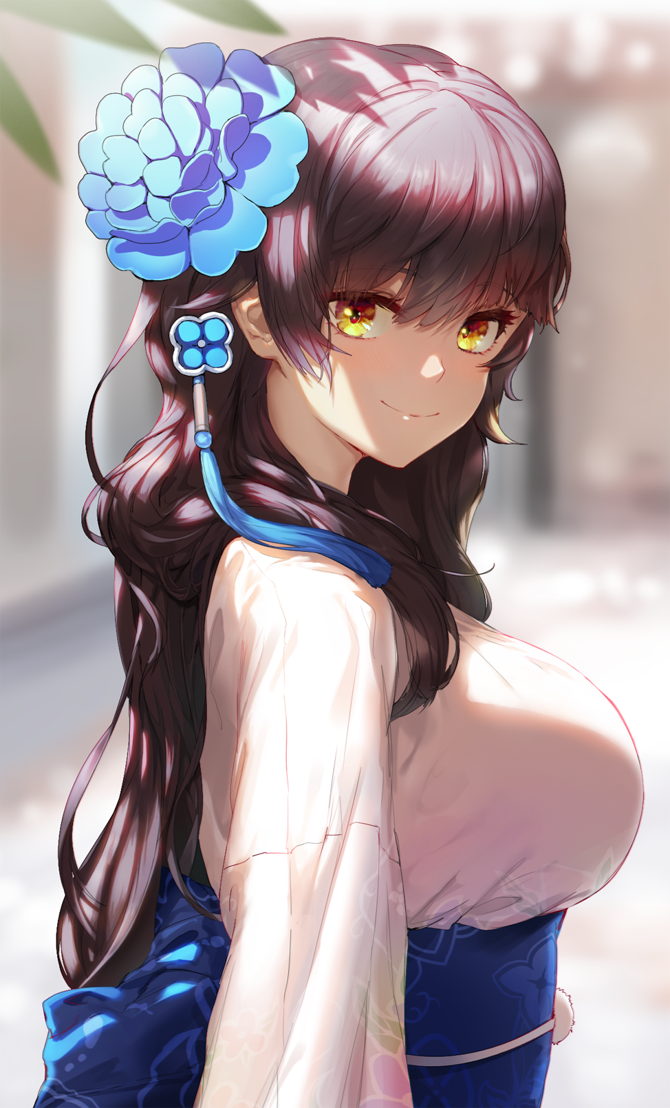 1girl bangs blue_flower blurry breasts brown_eyes brown_hair closed_mouth commentary_request depth_of_field eyebrows_visible_through_hair flower girls_frontline greem_bang hair_between_eyes hair_flower hair_ornament highres japanese_clothes kimono large_breasts long_hair looking_at_viewer looking_to_the_side obi plant qbz-95_(girls_frontline) revision sash smile solo very_long_hair white_kimono