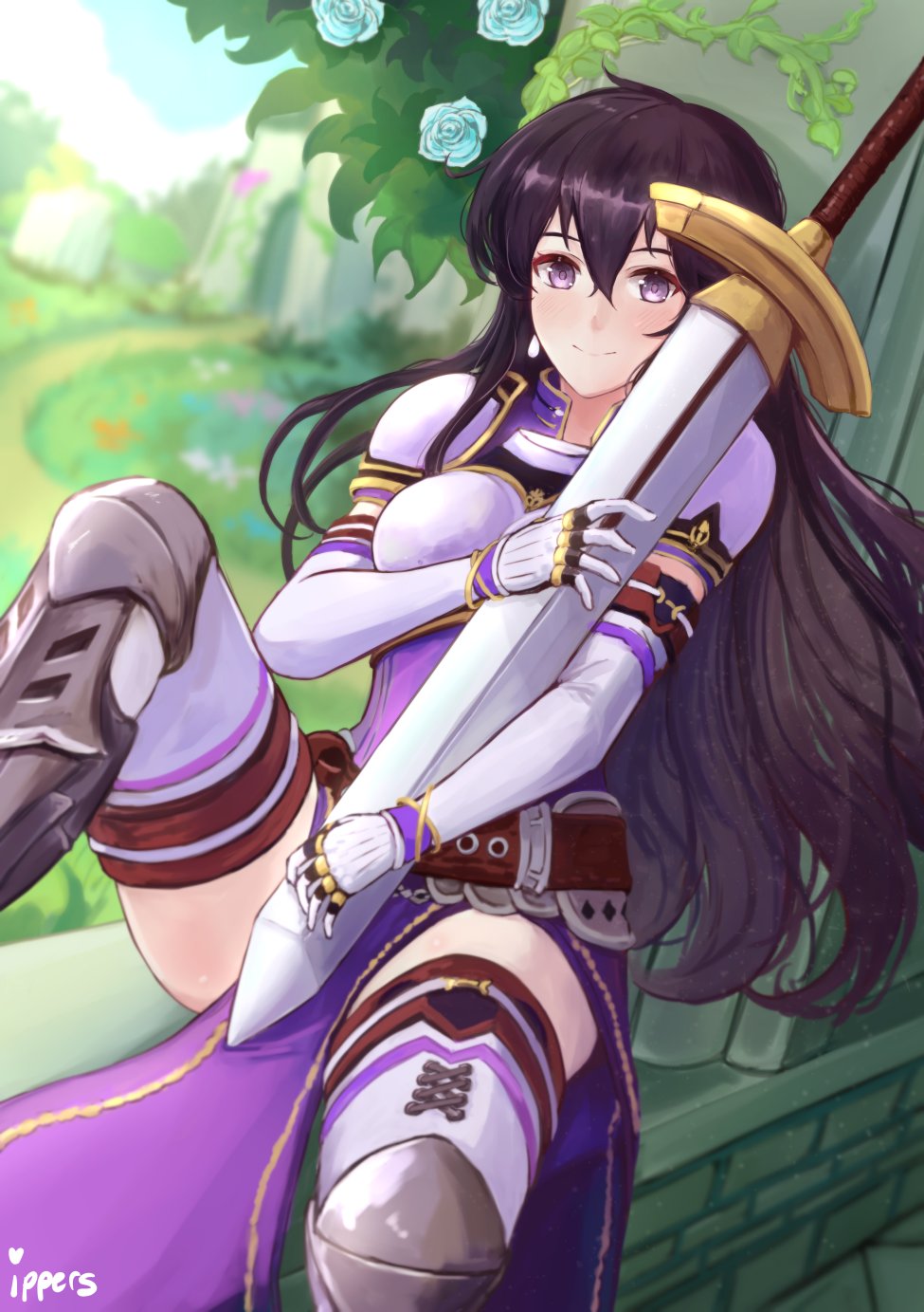 1girl aira_(fire_emblem) armor belt black_hair breastplate earrings elbow_gloves fire_emblem fire_emblem:_seisen_no_keifu fire_emblem_heroes gloves highres ippers jewelry long_hair nintendo solo sword violet_eyes weapon