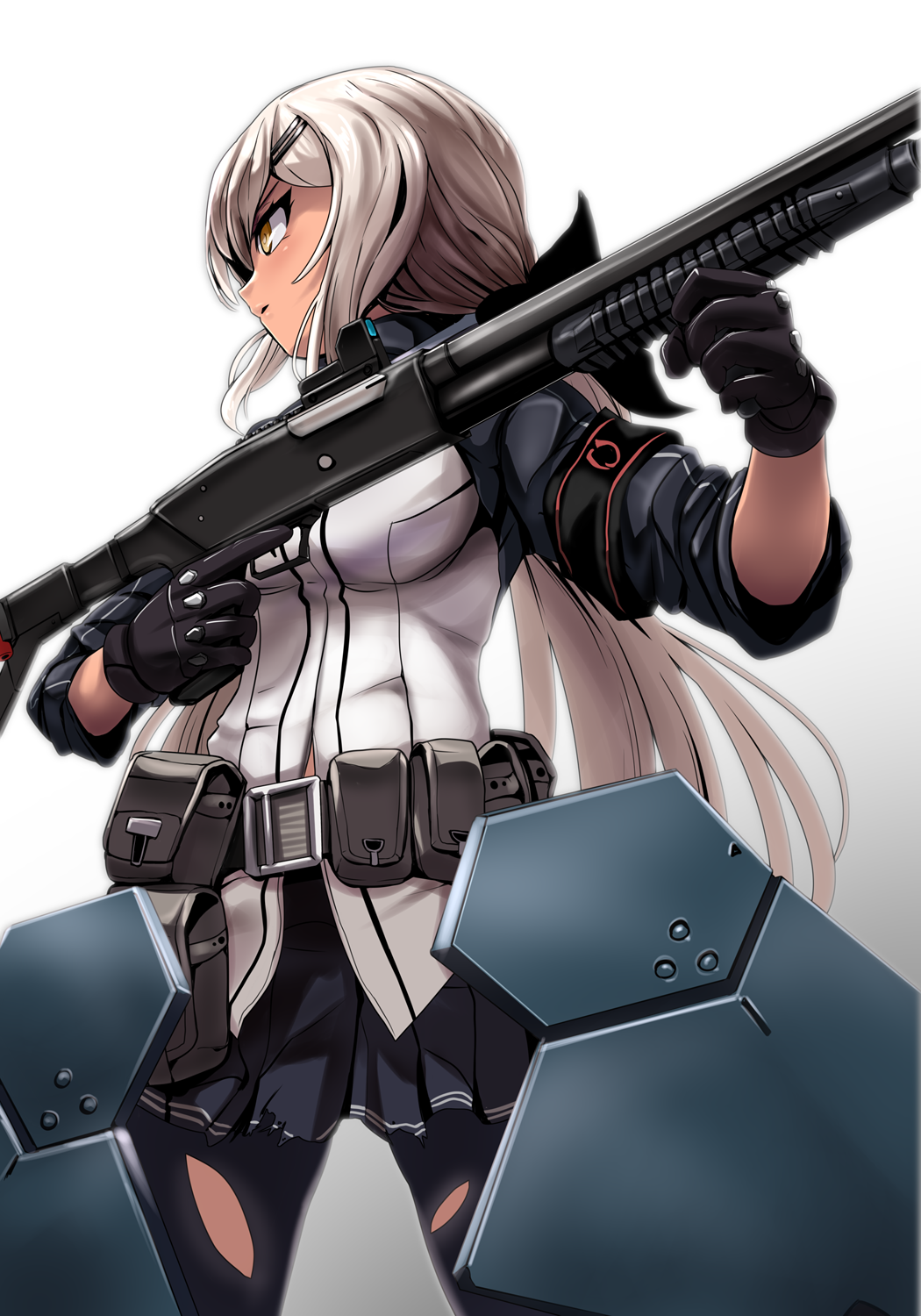 1girl armor belt black_gloves breasts dark_skin girls_frontline gloves gradient gradient_background gun hair_ornament hair_ribbon hairclip highres holding holding_gun holding_weapon long_hair mossberg_500 mossberg_m590_(girls_frontline) pleated_skirt pouch ribbon shotgun skirt sleeves_rolled_up solo torn_clothes torn_legwear very_long_hair weapon white_hair yaruku yellow_eyes