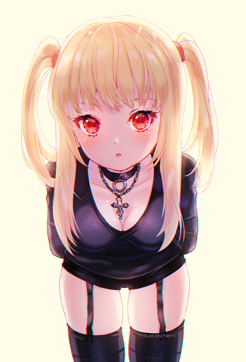 1girl :o amane_misa bangs beige_background black_choker black_legwear black_shorts blonde_hair blush breasts choker cleavage commentary_request death_note downblouse garter_straps hair_tie highres jewelry leaning_forward long_hair medium_breasts natsumii_chan parted_lips pendant red_eyes short_shorts shorts signature simple_background solo thigh-highs two_side_up