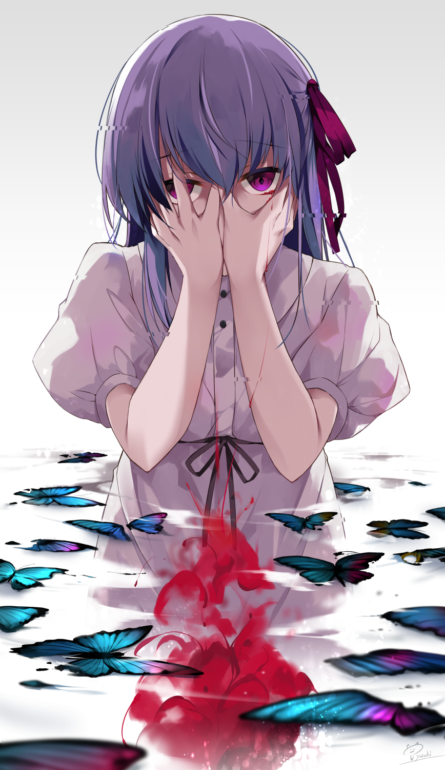 1girl blood bug butterfly covering_face eyebrows_visible_through_hair fate/stay_night fate_(series) gradient gradient_background grey_background hair_ribbon highres hirai_yuzuki insect looking_at_viewer matou_sakura partially_submerged pink_eyes puffy_short_sleeves puffy_sleeves purple_hair revision ribbon short_hair short_sleeves solo water white_background