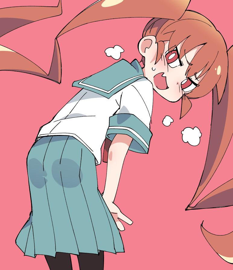 1girl bangs bent_over blue_skirt blush commentary embarrassed ixy leggings open_mouth orange_eyes orange_hair pantyhose pink_background pleated_skirt school_uniform sidelocks skirt twintails ueno-san_wa_bukiyou ueno_(ueno-san_wa_bukiyou)