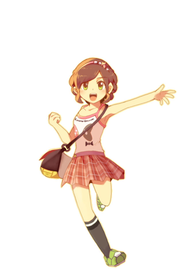 alternate_costume alternate_hairstyle armpits bag brown_hair clenched_hand collarbone creatures_(company) game_freak gen_3_pokemon green_eyes hair_braid hairband handbag kneehighs luvdisc mizuki_(pokemon) nintendo outstretched_arm plaid plaid_skirt pokemon pokemon_(game) pokemon_usum running simple_background skirt tank_top white_background