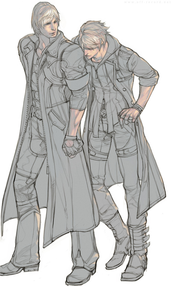 2boys belt belt_boots belt_buckle boots bracelet buckle dante_(devil_may_cry) devil_may_cry devil_may_cry_4 facial_hair fingerless_gloves full_body gloves greyscale hand_on_hip jewelry monochrome multiple_boys nero_(devil_may_cry) parted_lips pocket rae ring short_hair simple_background spot_color standing white_background white_hair zipper zipper_pull_tab