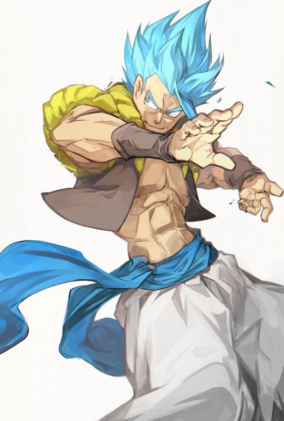 1boy abs blue_eyes blue_hair clothes_lift dragon_ball dragon_ball_super_broly fighting_stance fingernails frown gogeta grin looking_away male_focus outstretched_arms pants shaded_face shirtless short_hair simple_background smile spiky_hair super_saiyan_blue waistcoat white_background white_pants wristband yunar