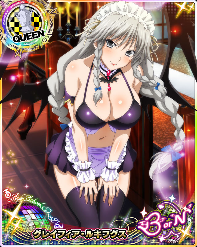 1girl apron black_bikini_top blush braid breasts card_(medium) character_name chess_piece cleavage closed_mouth demon_wings grayfia_lucifuge grey_eyes grey_hair high_school_dxd high_school_dxd_born indoors large_breasts leaning_forward lipstick long_hair looking_at_viewer maid_apron maid_headdress makeup midriff miniskirt navel official_art queen_(chess) red_lipstick skirt smile solo standing thigh-highs trading_card twin_braids wings