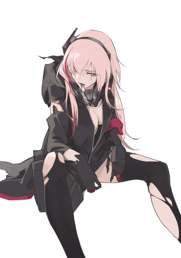 1girl bangs breasts commentary_request damaged feet_out_of_frame girls_frontline gloves hair_between_eyes headgear jacket long_hair looking_at_viewer m4_sopmod_ii_(girls_frontline) multicolored_hair pink_hair red_eyes redhead reroi simple_background solo streaked_hair torn_clothes torn_legwear white_background