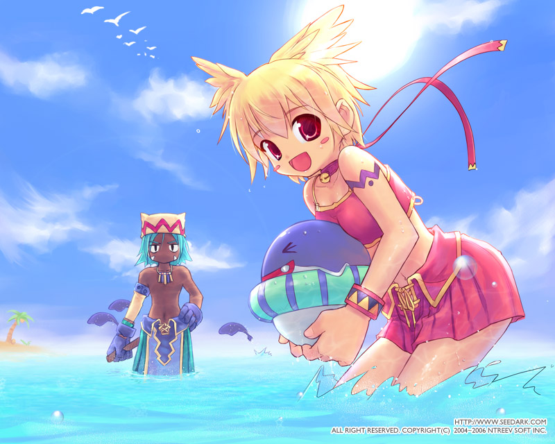 aqua_hair bell bikini bird blonde_hair blush_stickers breast_press breasts choker cloud dark_skin dolfini facial_mark gloves hand_on_hip head_wings holding hoon_park_jeong innertube jewelry jingle_bell leaning_forward lola midriff necklace ocean outdoors palm_tree pangya quma red_eyes ribbon seed_(artist) skirt sky splash swimsuit tankini tattoo tree wading water wet whale wristband