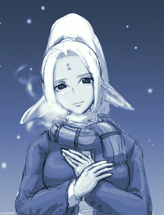 #1 blue_skin breath cold dark_elf elf lineage lineage_2 long_hair pointy_ears ponytail scarf smile snow white_hair