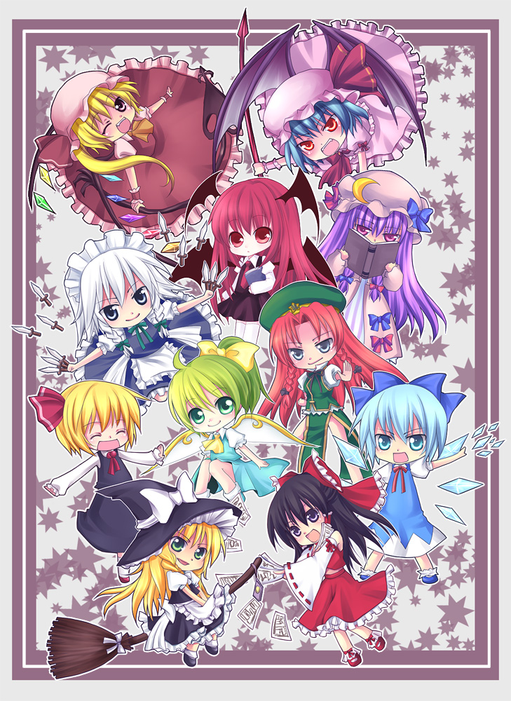 &gt;:) :d ^_^ apron aqua_eyes arm_up ascot bad_id bat_wings black_hair blonde_hair blue_eyes blue_hair book border bow broom broom_riding chibi china_dress chinese_clothes cirno closed_eyes crescent daiyousei detached_sleeves dress everyone fairy_wings fangs fighting_stance flandre_scarlet green_eyes green_hair hair_bow hair_ribbon hair_tubes hakurei_reimu hat hat_bow hat_ribbon head_wings hong_meiling izayoi_sakuya japanese_clothes kirisame_marisa knife koakuma laevatein long_hair maid maid_headdress mary_janes mikazuki_sara miko multiple_girls necktie ofuda open_mouth outstretched_arms patchouli_knowledge pink_dress purple_eyes red_dress red_eyes red_hair remilia_scarlet ribbon rumia shoes short_hair side_ponytail side_slit skirt smile spear_the_gungnir spread_arms star the_embodiment_of_scarlet_devil thighhighs touhou vest waist_apron white_hair white_legwear wings wink witch_hat zettai_ryouiki