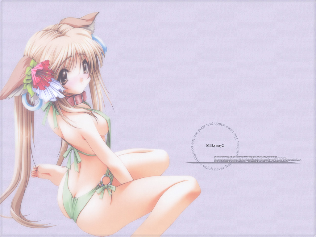 1024x768 animal_ears ass back bangs barefoot between_thighs blonde_hair blush border breasts brown_eyes butt_crack casual_one-piece_swimsuit collar dog_collar dog_ears earrings embarrassed feet flower frown hair_flower hair_ornament halterneck inuzuka_alice jewelry leaf legs long_hair looking_back milkyway milkyway2 milkyway_2 o-ring_swimsuit official_art one-piece_swimsuit ribbon senomoto_hisashi sideboob simple_background sitting sling_bikini soles swimsuit toes twintails very_long_hair wallpaper wariza