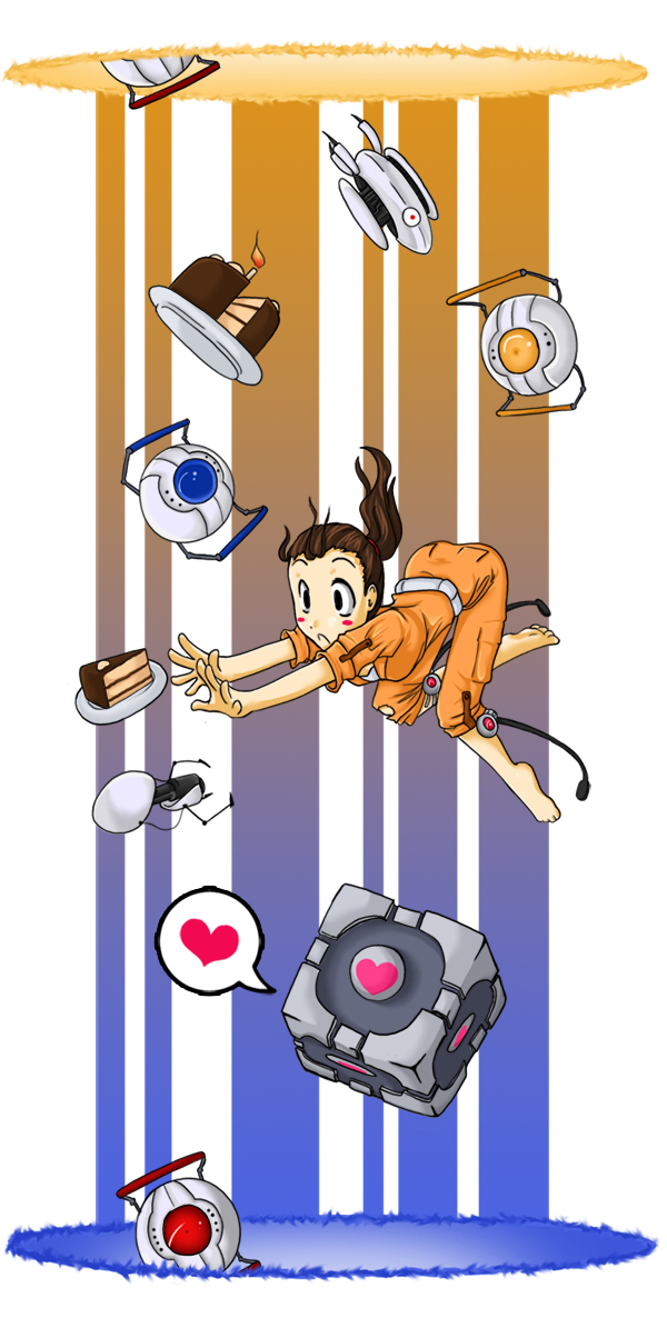 cake chell cube falling food glados heart jesse_mcgibney pastry personality_core ponytail portal sleeves_rolled_up spoilers turret_(portal) weighted_companion_cube