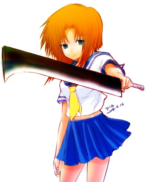 blue_eyes higurashi_no_naku_koro_ni orange_hair ryuuguu_rena school_uniform serafuku short_hair slice_pork weapon yandere
