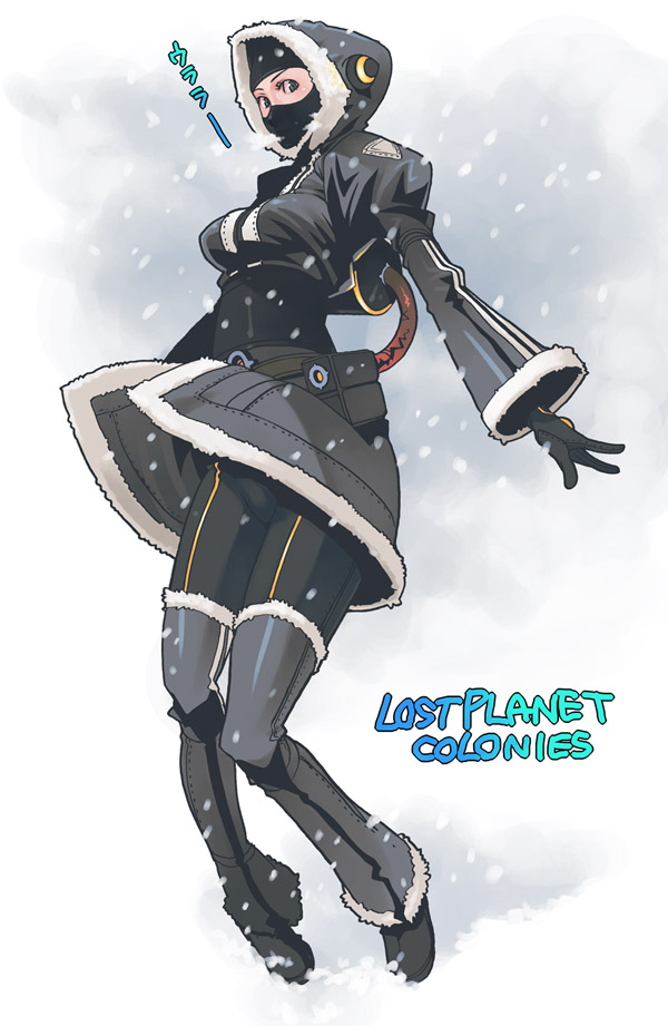 1girl cold copyright_name g-room_honten green_eyes hood lost_planet lost_planet_colonies snow solo thighhighs ulala