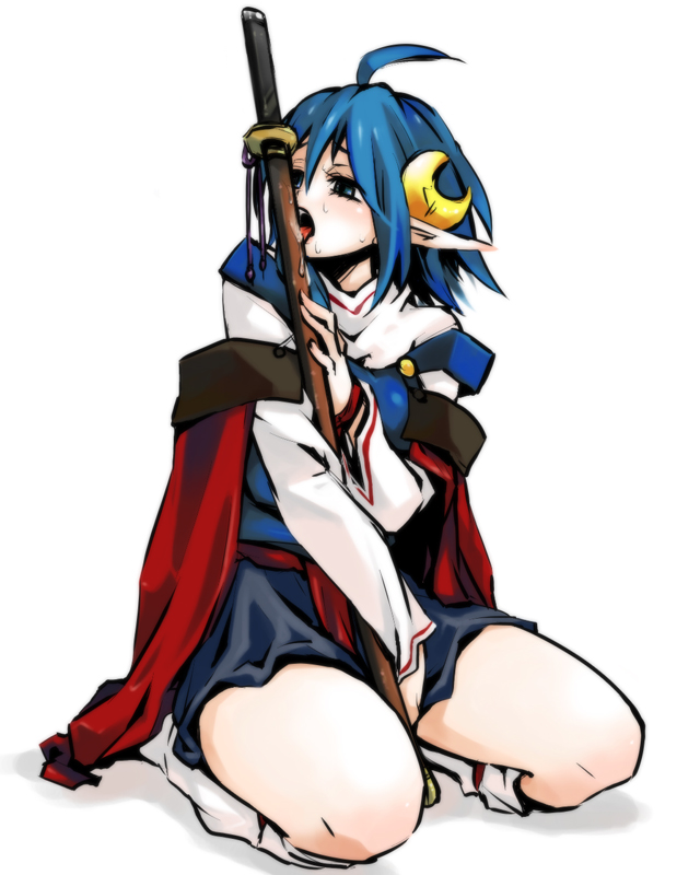 bad_id blue_eyes blue_hair cape hair_ornament hairclip haru_(pixiv276337) hidaka_ryou katana licking pointy_ears rena_lanford short_hair star_ocean star_ocean_the_second_story sword weapon