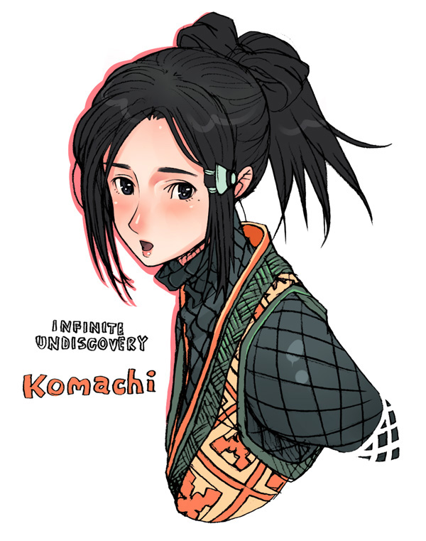 black_hair blush bust character_name g-room_honten infinite_undiscovery komachi ninja ponytail portrait title_drop