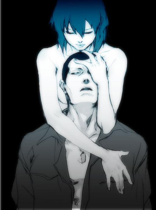 closed_eyes cyborg dog_tags ghost_in_the_shell gradient hand_on_head hug hug_from_behind kusanagi_motoko monochrome open_clothes open_shirt saito saitou_(ghost_in_the_shell) shirt short_hair topless