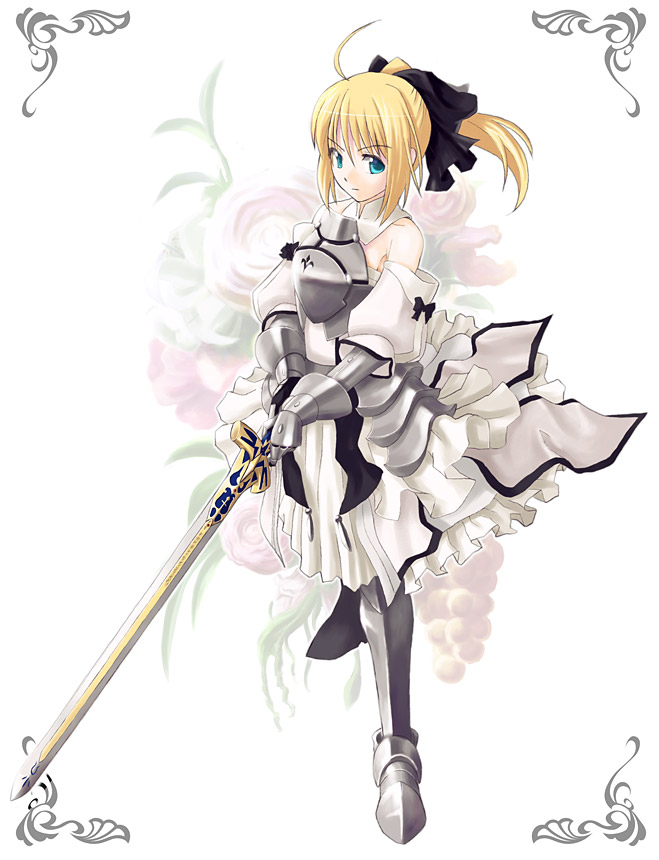 aqua_eyes armor armored_dress bare_shoulders blonde_hair detached_sleeves dress fate/stay_night fate/unlimited_codes fate_(series) gauntlets hair_ribbon hair_ribbons kome_(le7) ponytail ribbon ribbons saber saber_lily solo sword weapon yone
