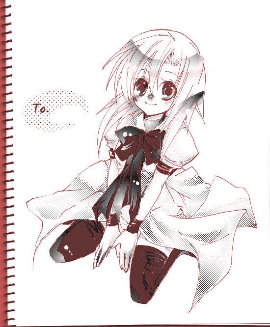 dress halftone higurashi_no_naku_koro_ni monochrome notebook red ryuuguu_rena short_hair thighhighs