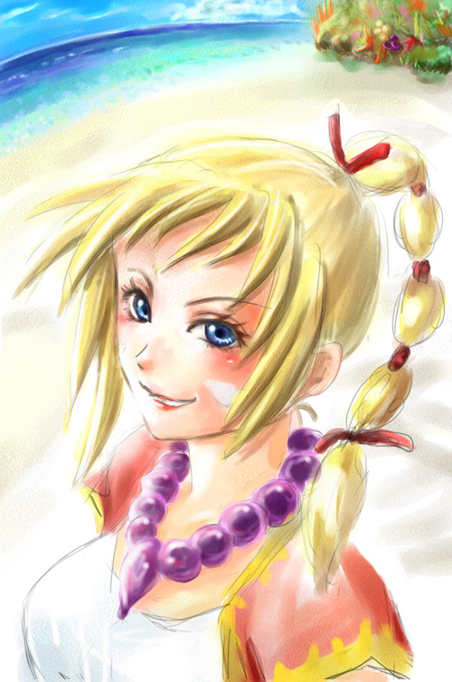 akira_(pixiv97646) akira_(sakana) bad_id beach beads blonde_hair blue_eyes blush braid chrono_cross close-up jewelry kid_(chrono_cross) lipstick long_hair magatama necklace smile solo water